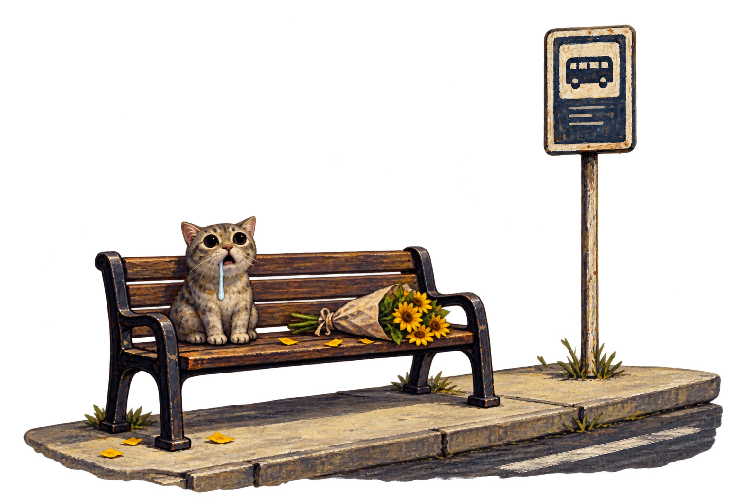 Gato esperando en una parada con un ramo de flores amarillas